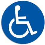 Symbole international d'accessibilité blanc sur fond bleu circulaire, icône de fauteuil roulant et handicap.